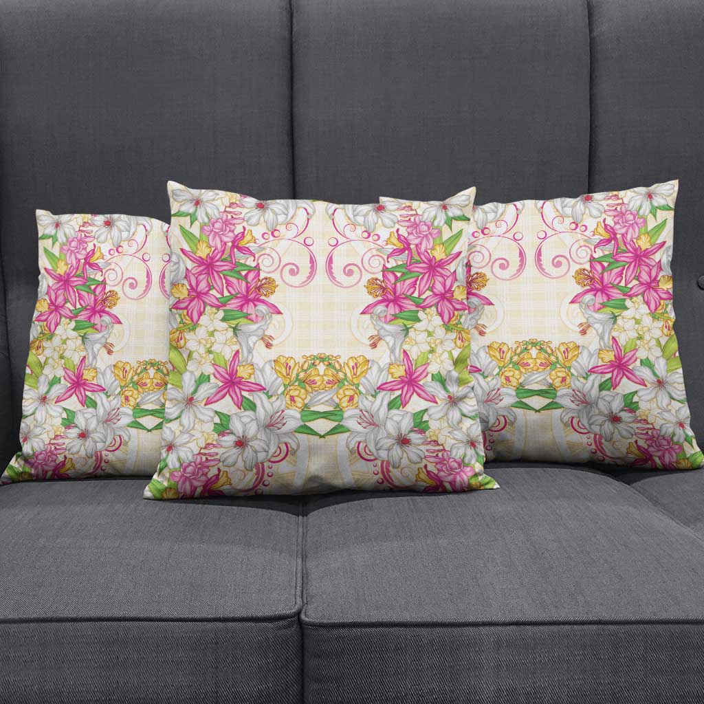 Hawaii Palaka Pillow Cover Yellow Tribal Pattern With Tropical Flowers LT05 - Polynesian Pride