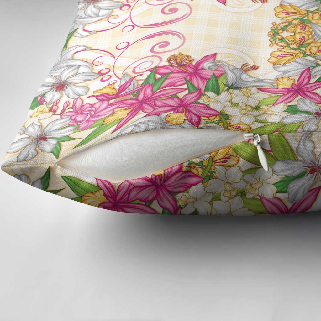 Hawaii Palaka Pillow Cover Yellow Tribal Pattern With Tropical Flowers LT05 - Polynesian Pride
