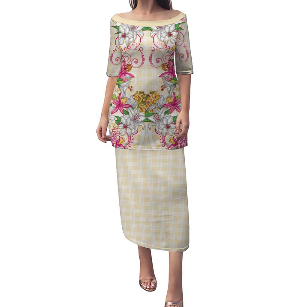 Hawaii Palaka Puletasi Yellow Tribal Pattern With Tropical Flowers LT05 Long Dress Yellow - Polynesian Pride