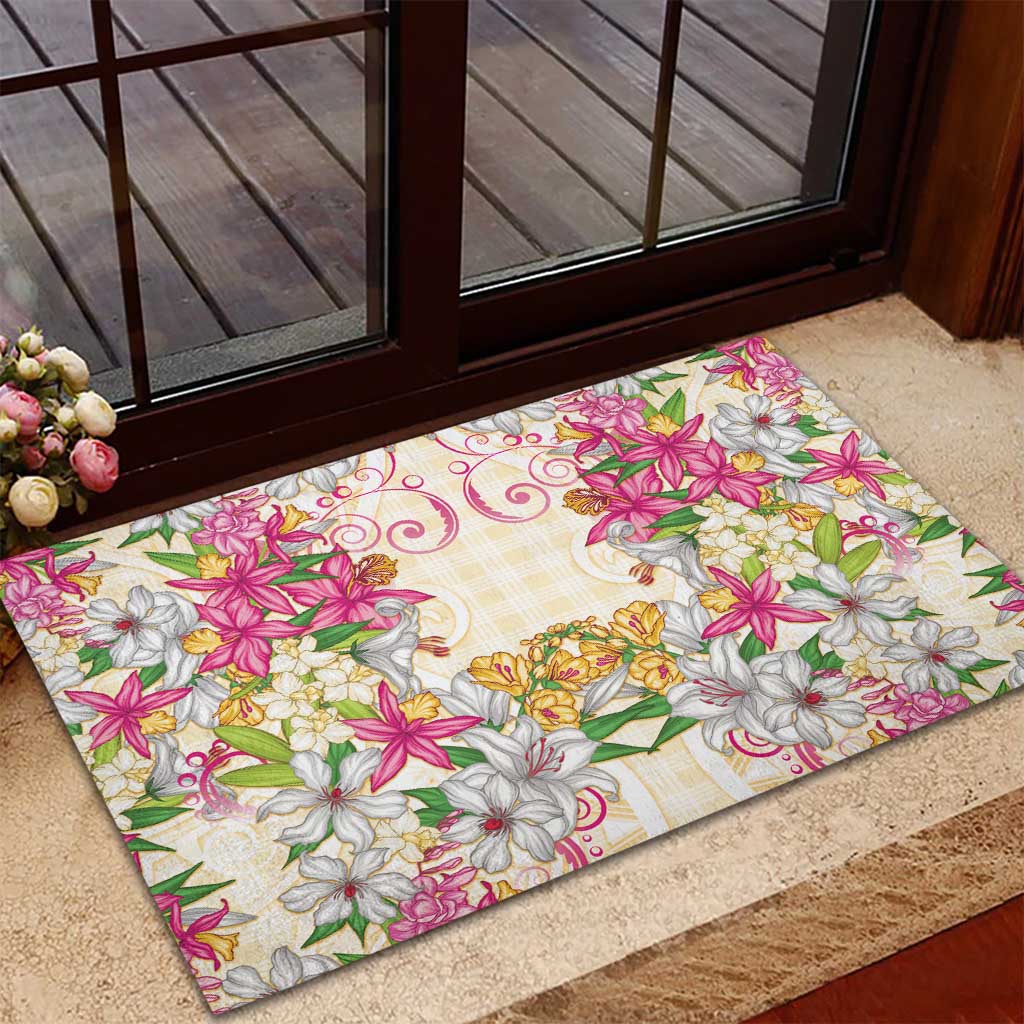 Hawaii Palaka Rubber Doormat Yellow Tribal Pattern With Tropical Flowers LT05 - Polynesian Pride
