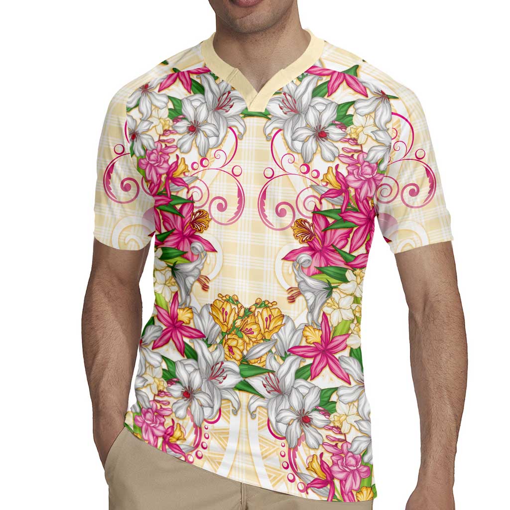 Hawaii Palaka Rugby Jersey Yellow Tribal Pattern With Tropical Flowers - Polynesian Pride