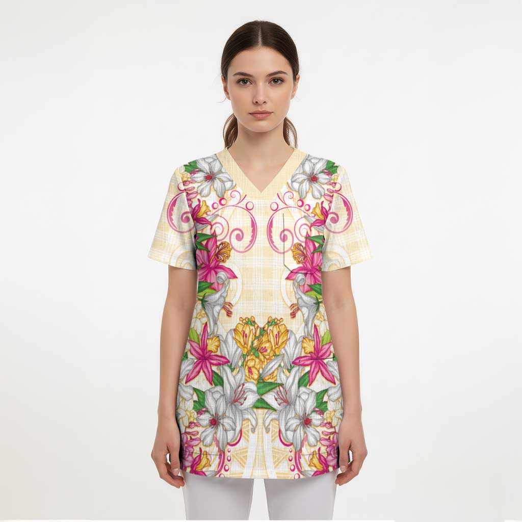 Hawaii Palaka Scrub Top Yellow Tribal Pattern With Tropical Flowers - Polynesian Pride