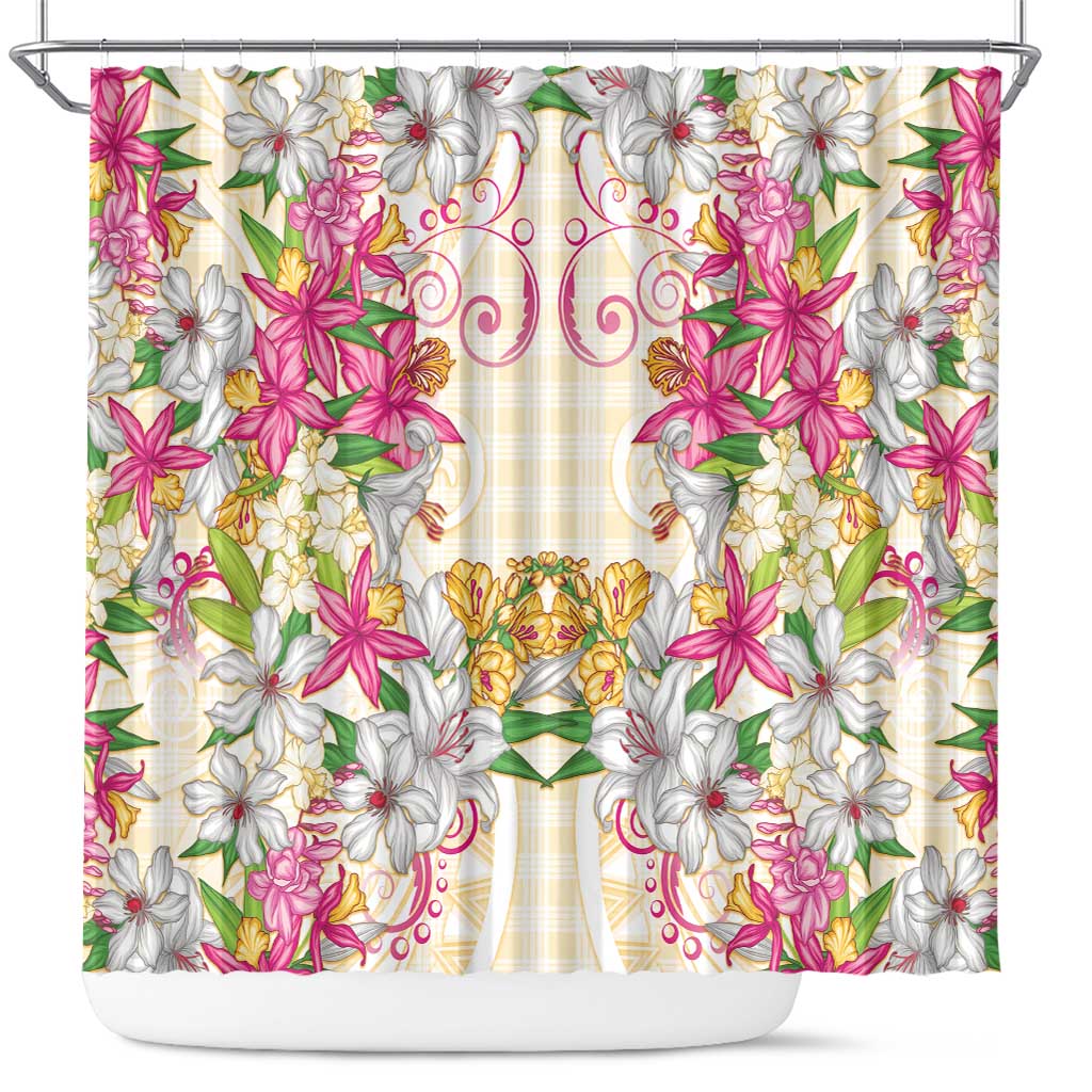 Hawaii Palaka Shower Curtain Yellow Tribal Pattern With Tropical Flowers LT05 Yellow - Polynesian Pride