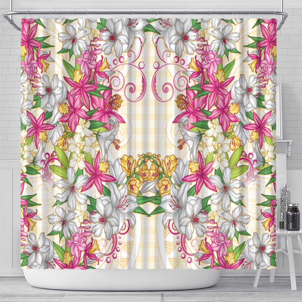 Hawaii Palaka Shower Curtain Yellow Tribal Pattern With Tropical Flowers LT05 - Polynesian Pride