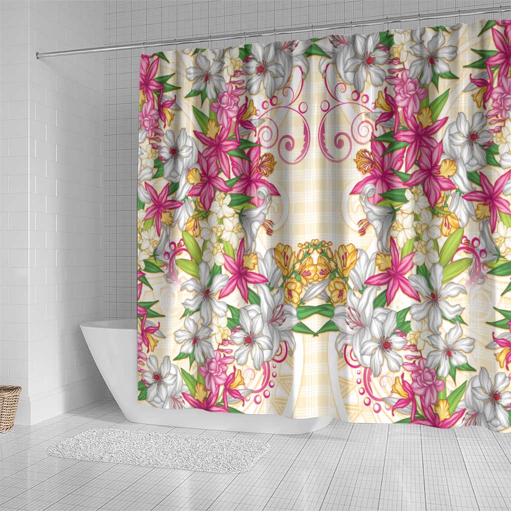 Hawaii Palaka Shower Curtain Yellow Tribal Pattern With Tropical Flowers LT05 - Polynesian Pride