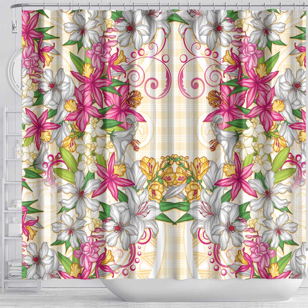 Hawaii Palaka Shower Curtain Yellow Tribal Pattern With Tropical Flowers LT05 - Polynesian Pride