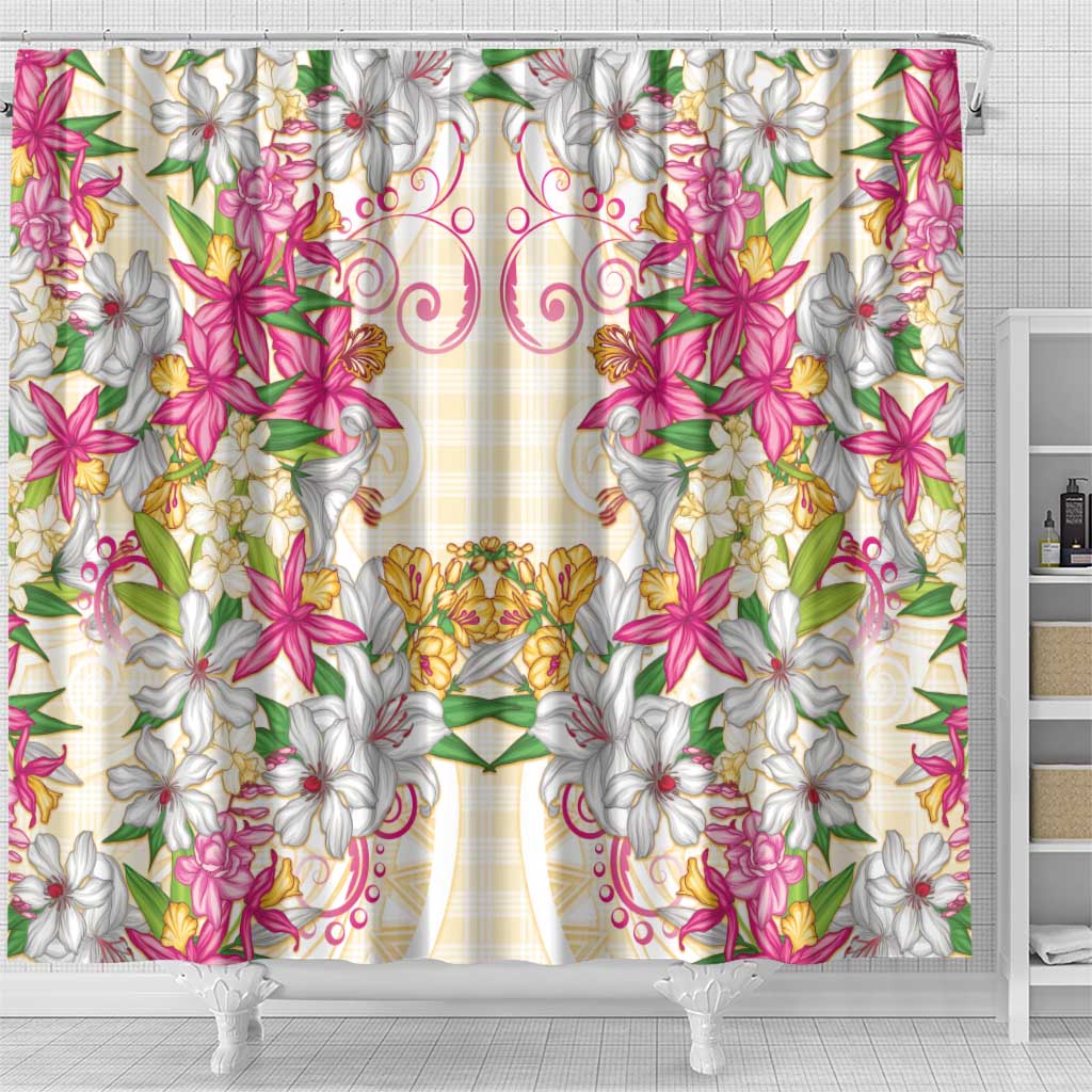 Hawaii Palaka Shower Curtain Yellow Tribal Pattern With Tropical Flowers LT05 - Polynesian Pride