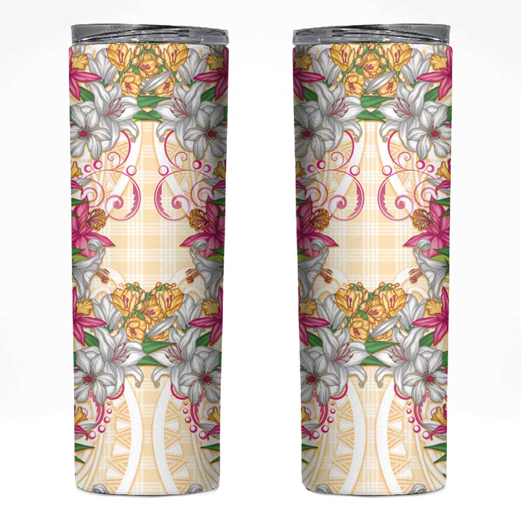 Hawaii Palaka Skinny Tumbler Yellow Tribal Pattern With Tropical Flowers - Polynesian Pride