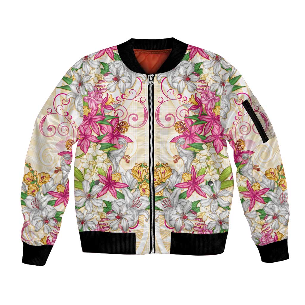 Hawaii Palaka Sleeve Zip Bomber Jacket Yellow Tribal Pattern With Tropical Flowers LT05 Unisex Yellow - Polynesian Pride