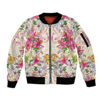 Hawaii Palaka Sleeve Zip Bomber Jacket Yellow Tribal Pattern With Tropical Flowers LT05 Unisex Yellow - Polynesian Pride