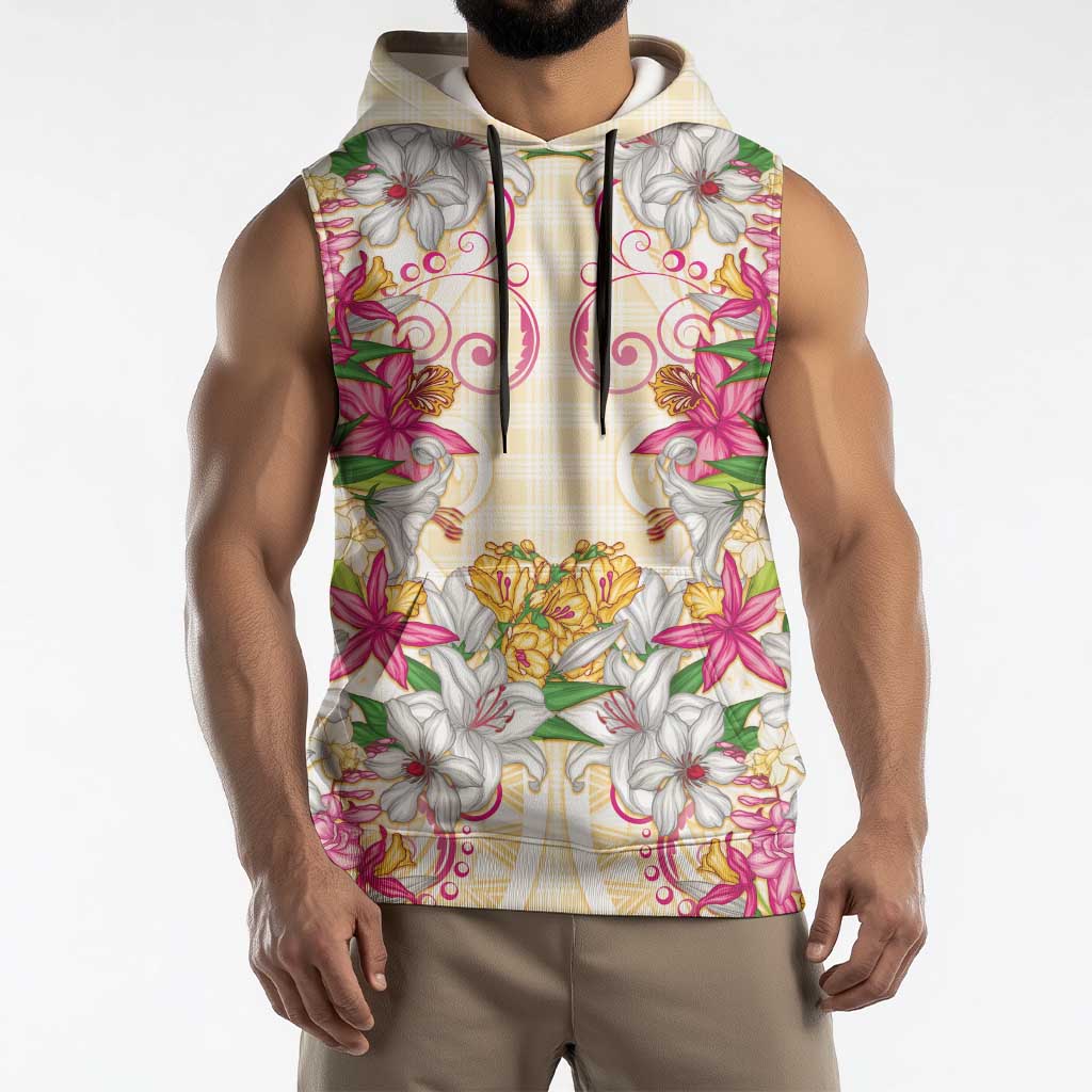 Hawaii Palaka Sleeveless Hoodie Yellow Tribal Pattern With Tropical Flowers - Polynesian Pride