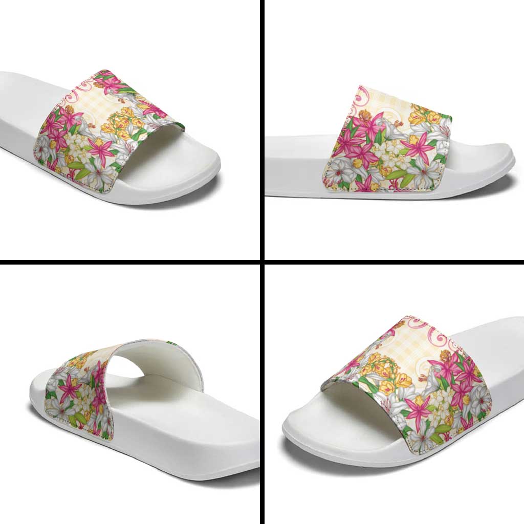 Hawaii Palaka Slide Sandals Yellow Tribal Pattern With Tropical Flowers LT05 - Polynesian Pride