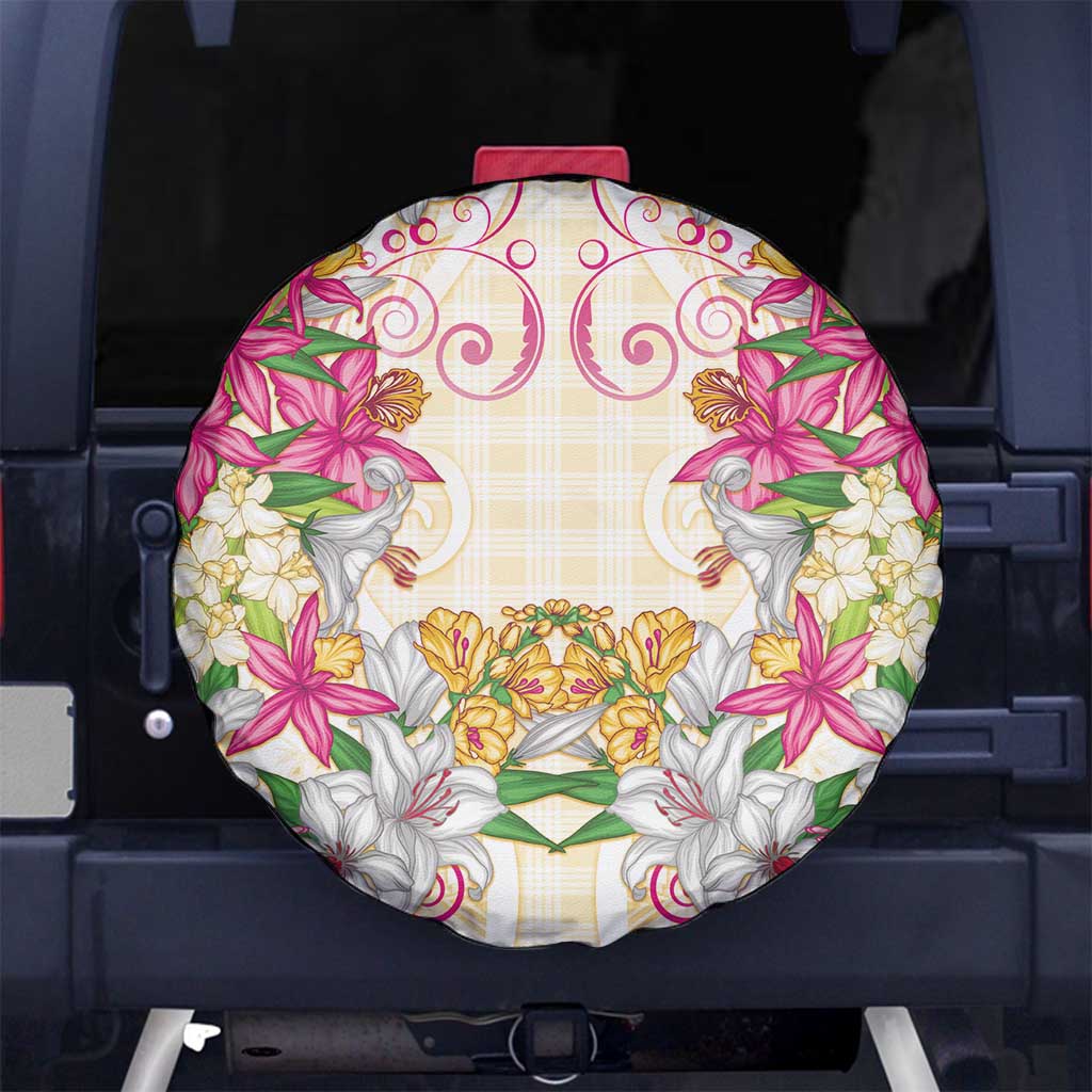 Hawaii Palaka Spare Tire Cover Yellow Tribal Pattern With Tropical Flowers - Polynesian Pride