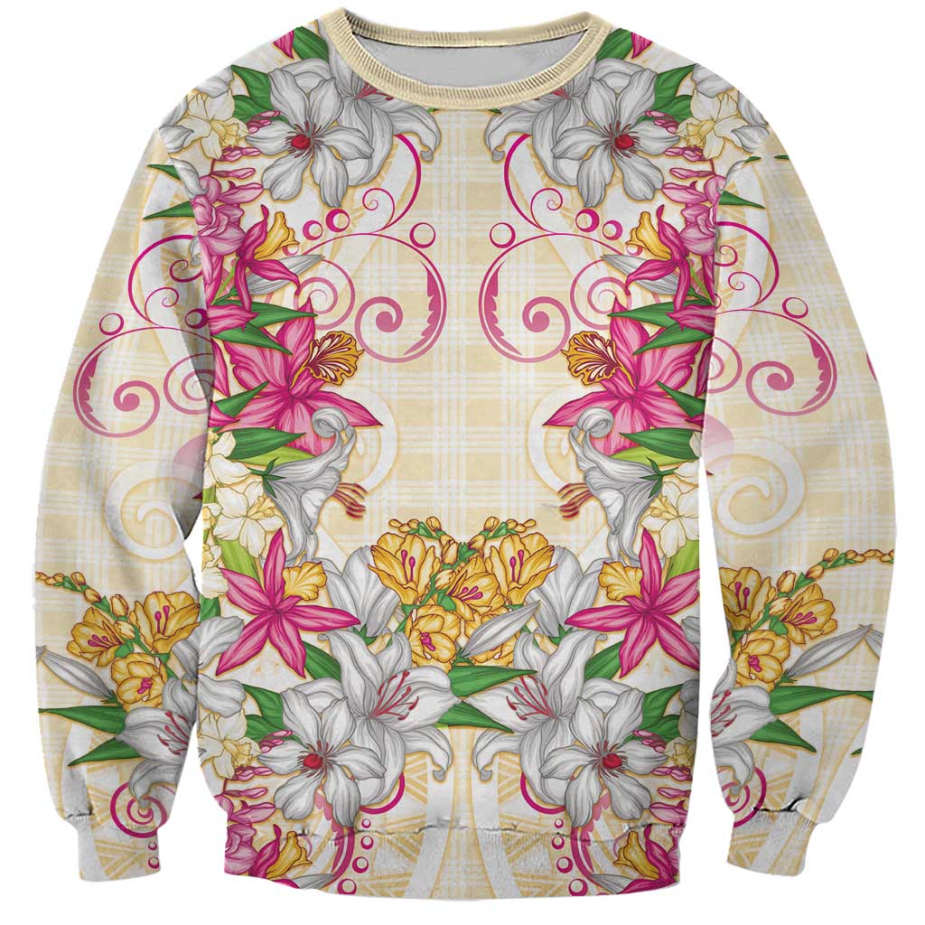 Hawaii Palaka Sweatshirt Yellow Tribal Pattern With Tropical Flowers LT05 Unisex Yellow - Polynesian Pride