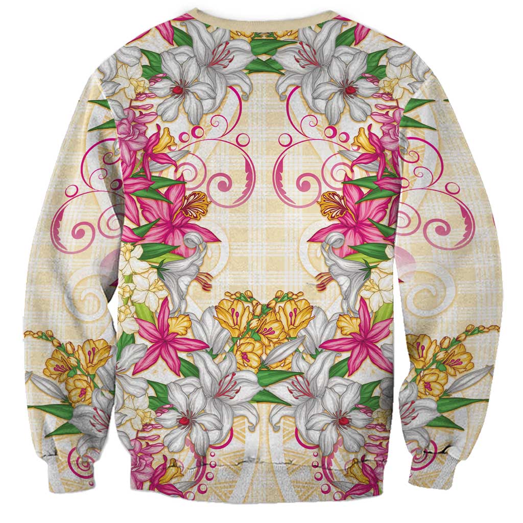Hawaii Palaka Sweatshirt Yellow Tribal Pattern With Tropical Flowers LT05 - Polynesian Pride