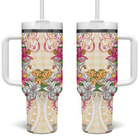 Hawaii Palaka Tumbler With Handle Yellow Tribal Pattern With Tropical Flowers - Polynesian Pride