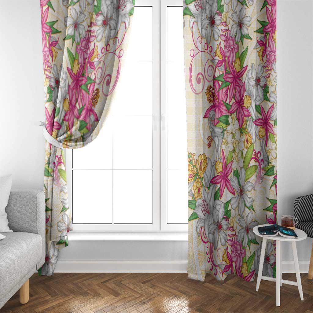 Hawaii Palaka Window Curtain Yellow Tribal Pattern With Tropical Flowers LT05 - Polynesian Pride