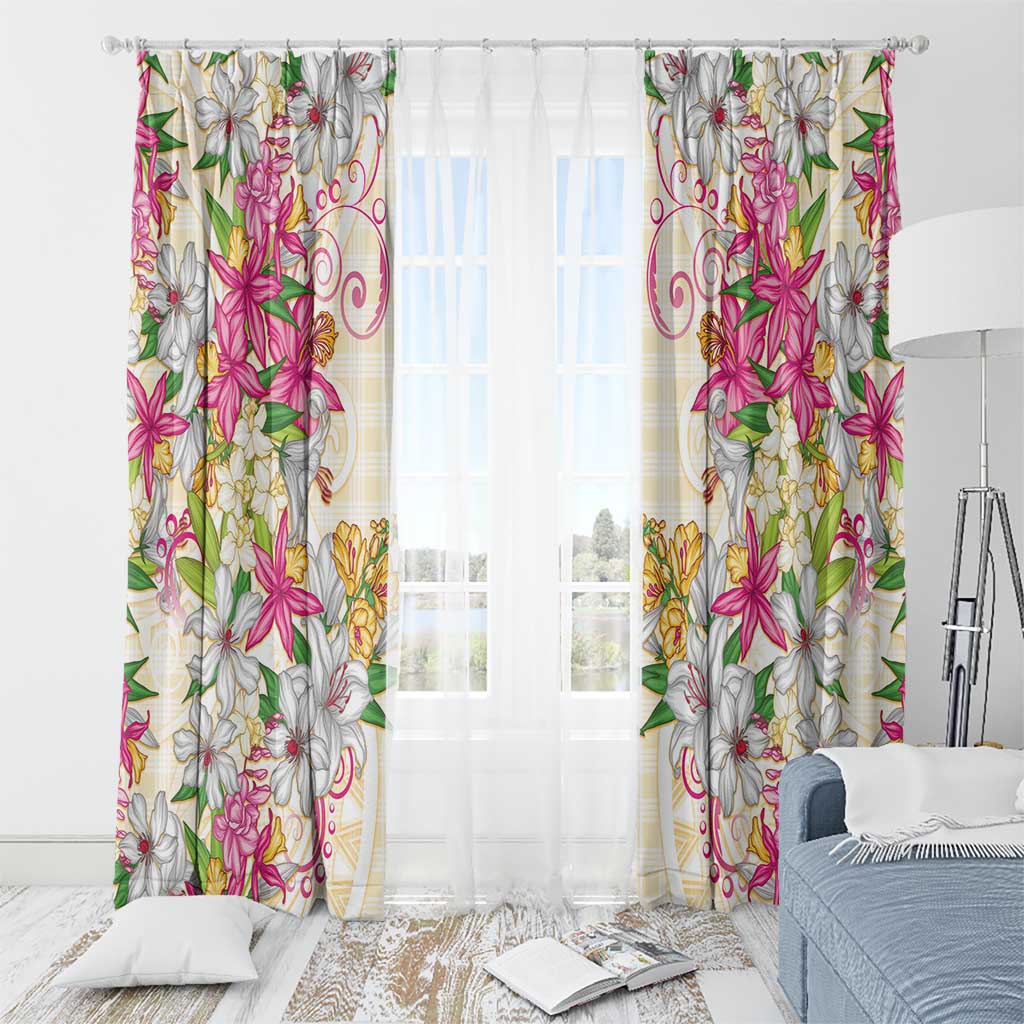 Hawaii Palaka Window Curtain Yellow Tribal Pattern With Tropical Flowers LT05 - Polynesian Pride