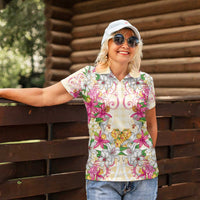 Hawaii Palaka Women Polo Shirt Yellow Tribal Pattern With Tropical Flowers - Polynesian Pride