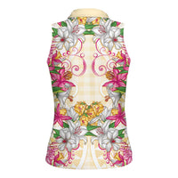 Hawaii Palaka Women Sleeveless Polo Shirt Yellow Tribal Pattern With Tropical Flowers - Polynesian Pride