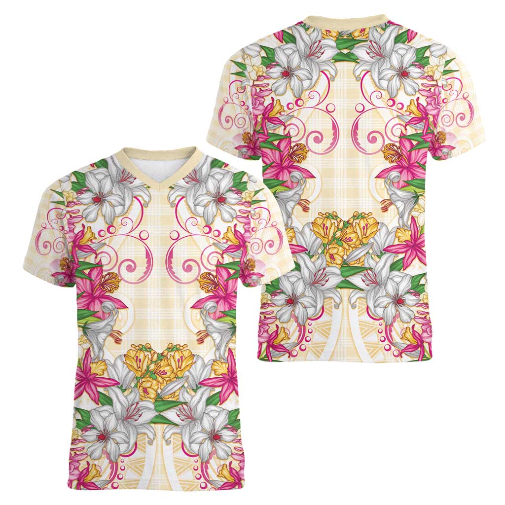Hawaii Palaka Women V-Neck T-Shirt Yellow Tribal Pattern With Tropical Flowers - Polynesian Pride