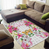 Hawaii Palaka Area Rug White Tribal Pattern With Tropical Flowers - Polynesian Pride