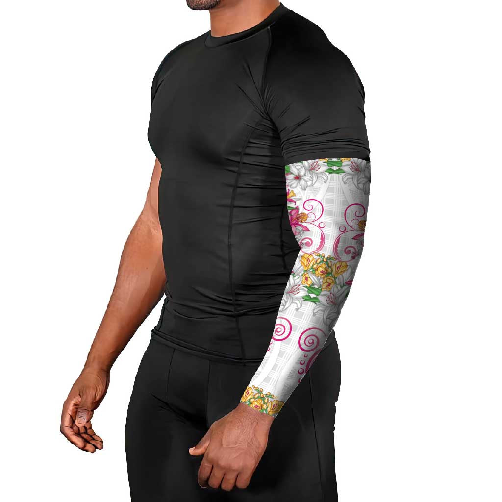 Hawaii Palaka Arm Sleeves White Tribal Pattern With Tropical Flowers - Polynesian Pride