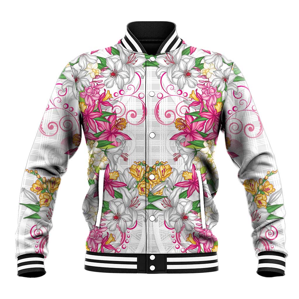 Hawaii Palaka Baseball Jacket White Tribal Pattern With Tropical Flowers LT05 Unisex White - Polynesian Pride