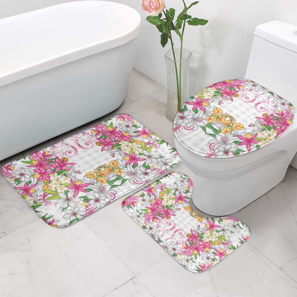 Hawaii Palaka Bathroom Set White Tribal Pattern With Tropical Flowers - Polynesian Pride