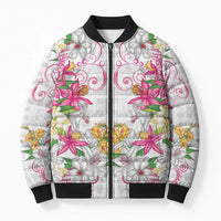 Hawaii Palaka Bomber Puffer Jacket White Tribal Pattern With Tropical Flowers LT05 Unisex White - Polynesian Pride