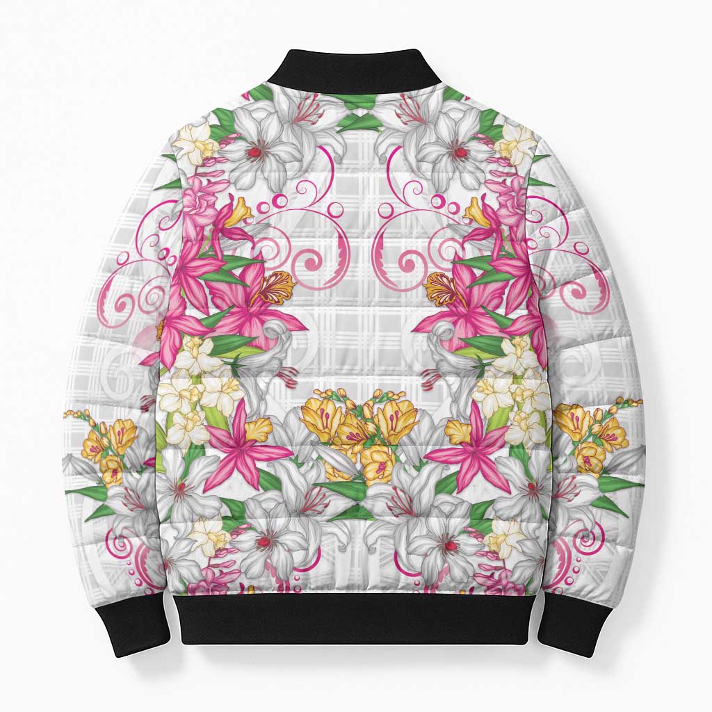 Hawaii Palaka Bomber Puffer Jacket White Tribal Pattern With Tropical Flowers LT05 - Polynesian Pride