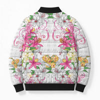 Hawaii Palaka Bomber Puffer Jacket White Tribal Pattern With Tropical Flowers LT05 - Polynesian Pride