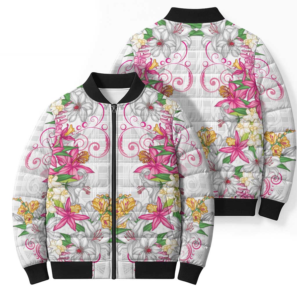 Hawaii Palaka Bomber Puffer Jacket White Tribal Pattern With Tropical Flowers LT05 - Polynesian Pride