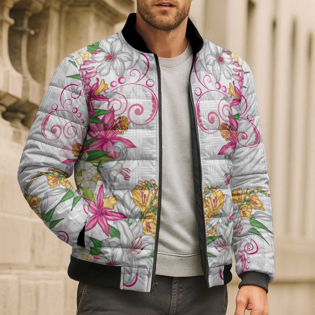 Hawaii Palaka Bomber Puffer Jacket White Tribal Pattern With Tropical Flowers LT05 - Polynesian Pride