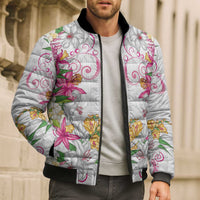 Hawaii Palaka Bomber Puffer Jacket White Tribal Pattern With Tropical Flowers LT05 - Polynesian Pride