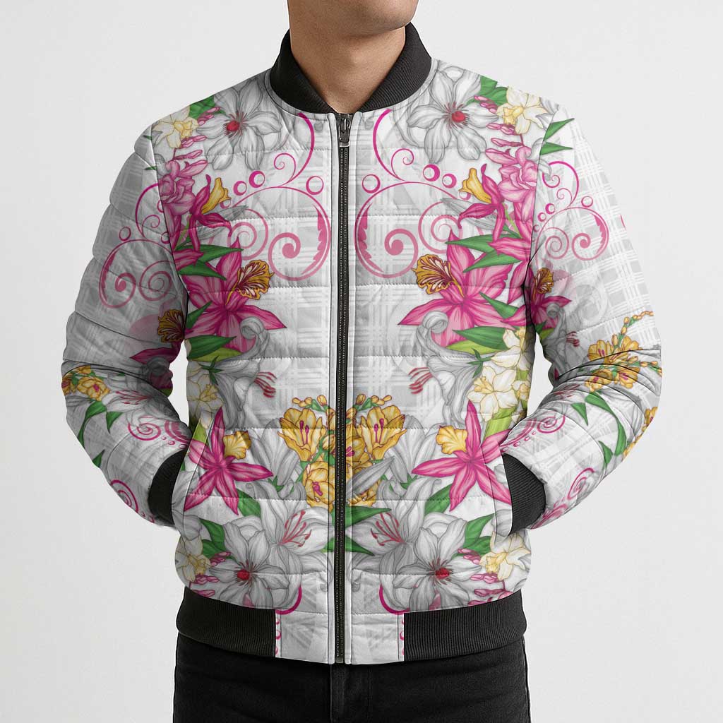 Hawaii Palaka Bomber Puffer Jacket White Tribal Pattern With Tropical Flowers LT05 - Polynesian Pride