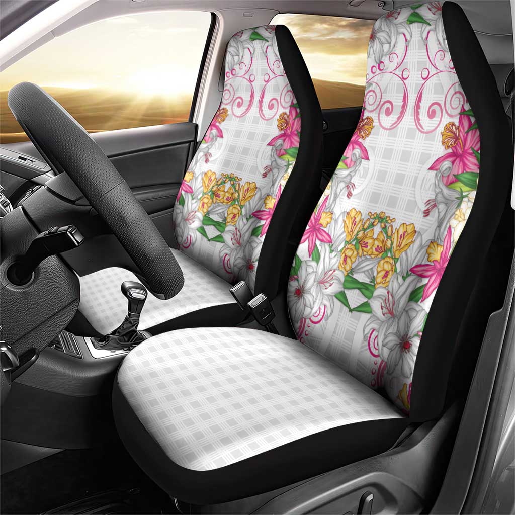 Hawaii Palaka Car Seat Cover White Tribal Pattern With Tropical Flowers - Polynesian Pride
