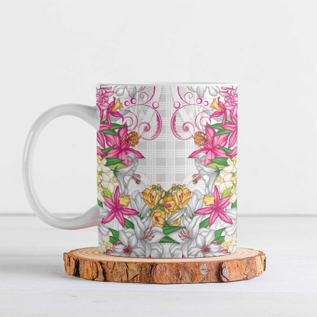 Hawaii Palaka Ceramic Mug White Tribal Pattern With Tropical Flowers - Polynesian Pride