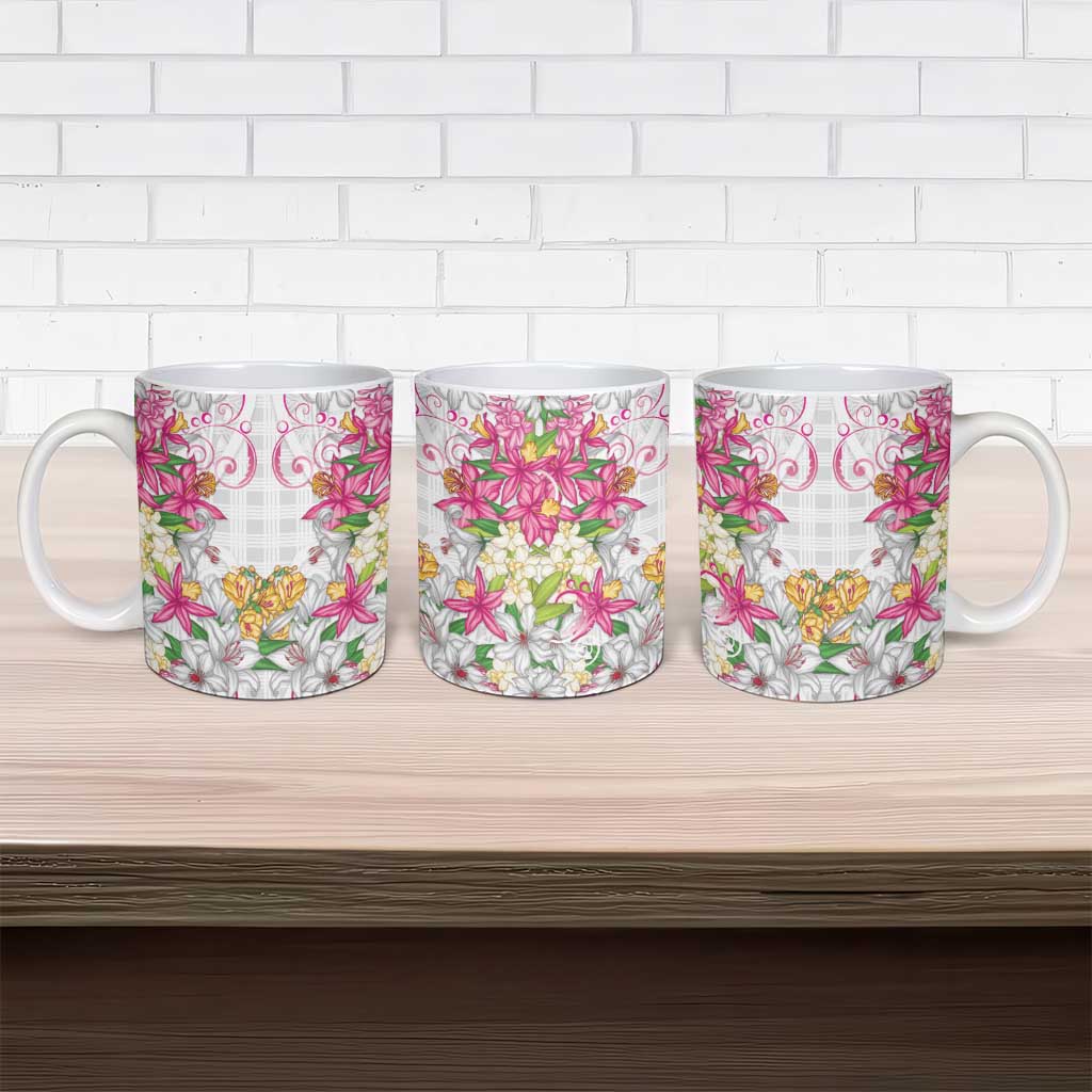 Hawaii Palaka Ceramic Mug White Tribal Pattern With Tropical Flowers - Polynesian Pride