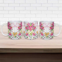 Hawaii Palaka Ceramic Mug White Tribal Pattern With Tropical Flowers - Polynesian Pride