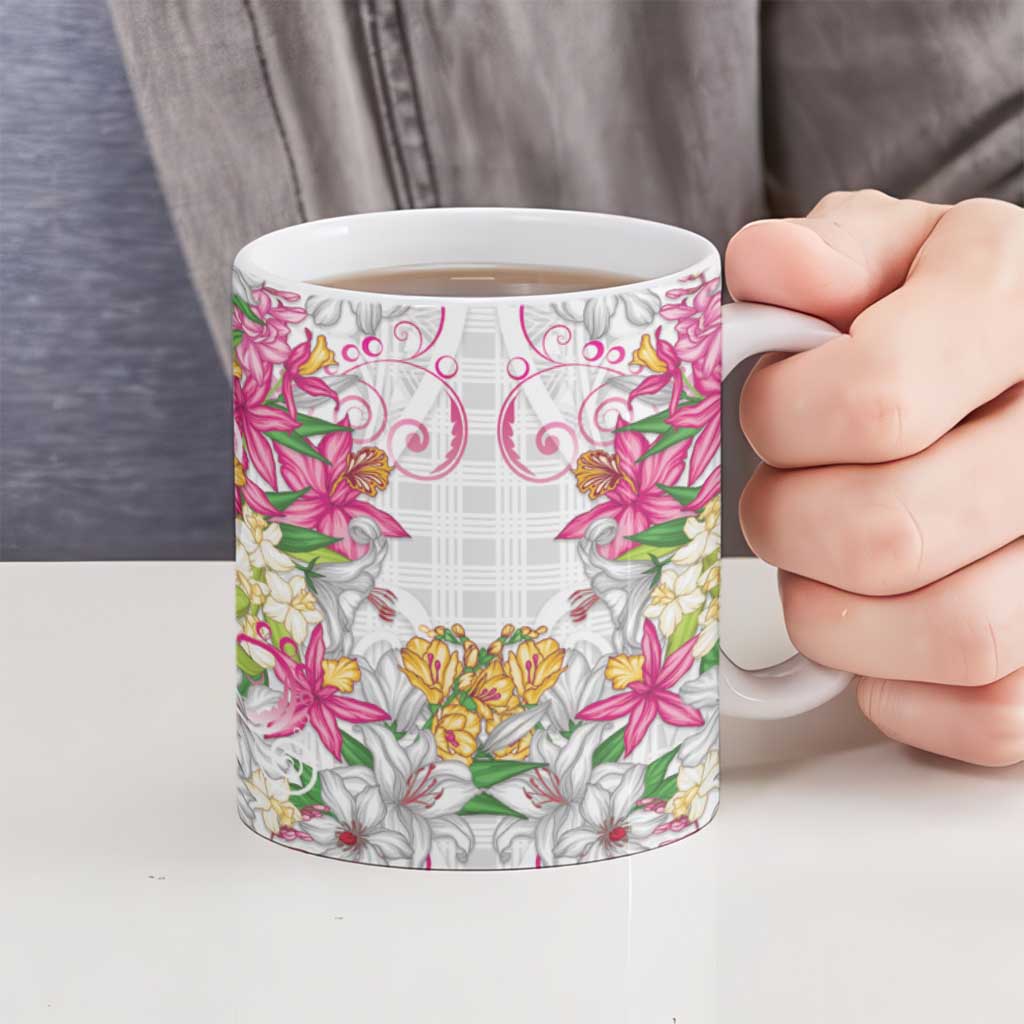 Hawaii Palaka Ceramic Mug White Tribal Pattern With Tropical Flowers - Polynesian Pride