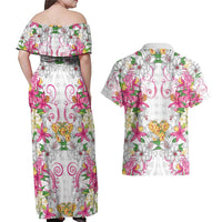 Hawaii Palaka Couples Matching Off Shoulder Maxi Dress and Hawaiian Shirt White Tribal Pattern With Tropical Flowers - Polynesian Pride