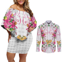 Hawaii Palaka Couples Matching Off Shoulder Short Dress and Long Sleeve Button Shirt White Tribal Pattern With Tropical Flowers - Polynesian Pride