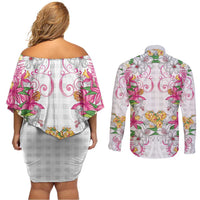 Hawaii Palaka Couples Matching Off Shoulder Short Dress and Long Sleeve Button Shirt White Tribal Pattern With Tropical Flowers - Polynesian Pride