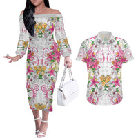Hawaii Palaka Couples Matching Off The Shoulder Long Sleeve Dress and Hawaiian Shirt White Tribal Pattern With Tropical Flowers - Polynesian Pride