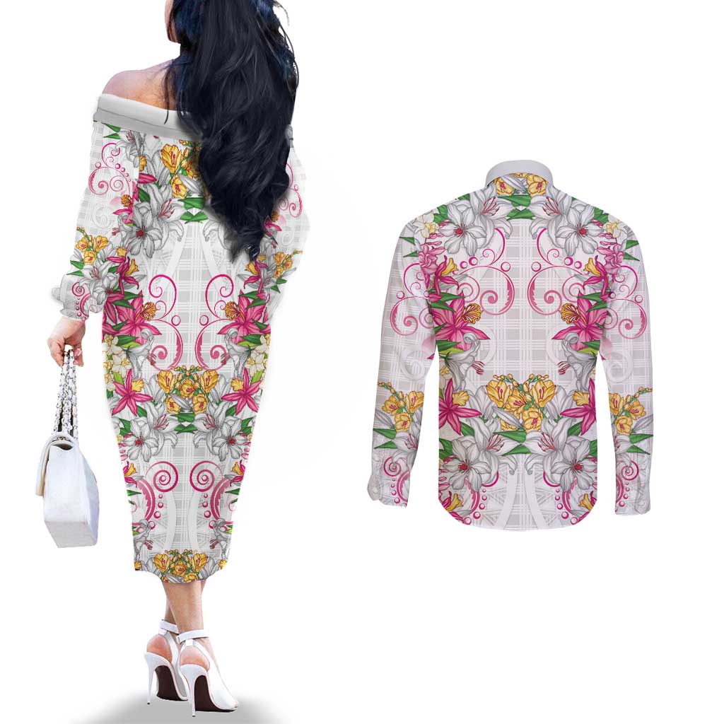 Hawaii Palaka Couples Matching Off The Shoulder Long Sleeve Dress and Long Sleeve Button Shirt White Tribal Pattern With Tropical Flowers - Polynesian Pride