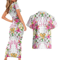 Hawaii Palaka Couples Matching Short Sleeve Bodycon Dress and Hawaiian Shirt White Tribal Pattern With Tropical Flowers - Polynesian Pride
