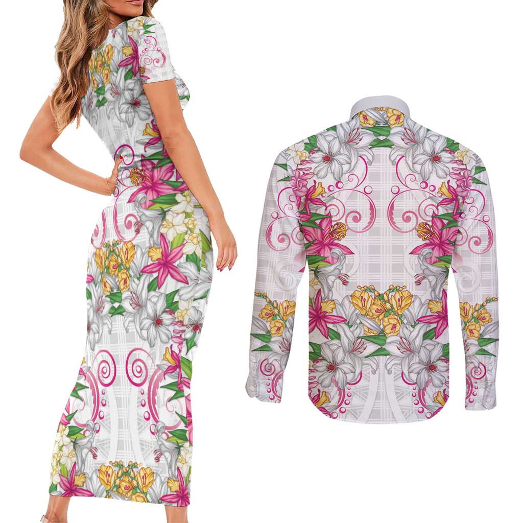 Hawaii Palaka Couples Matching Short Sleeve Bodycon Dress and Long Sleeve Button Shirt White Tribal Pattern With Tropical Flowers - Polynesian Pride