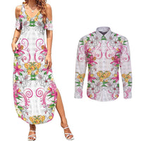 Hawaii Palaka Couples Matching Summer Maxi Dress and Long Sleeve Button Shirt White Tribal Pattern With Tropical Flowers - Polynesian Pride