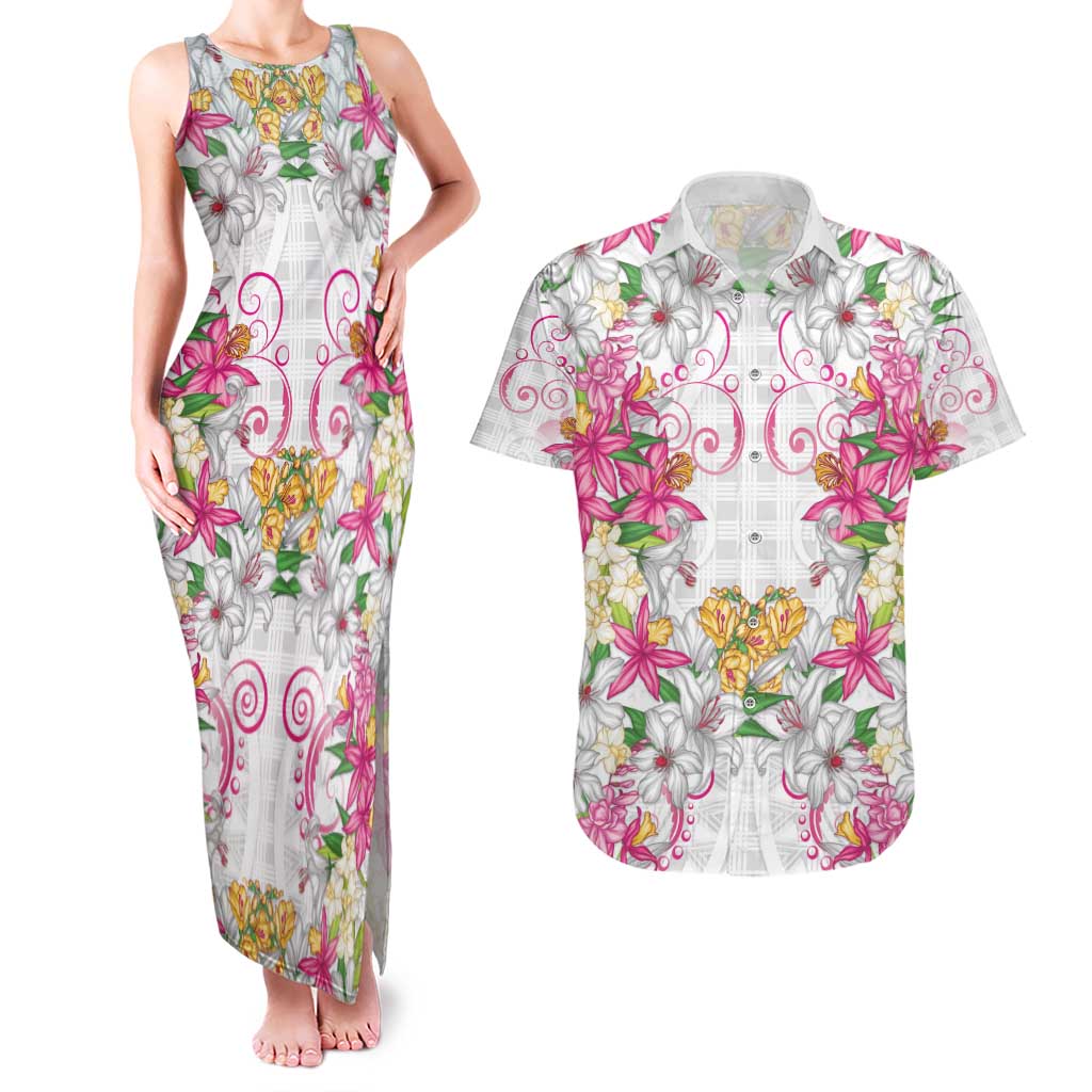 Hawaii Palaka Couples Matching Tank Maxi Dress and Hawaiian Shirt White Tribal Pattern With Tropical Flowers - Polynesian Pride